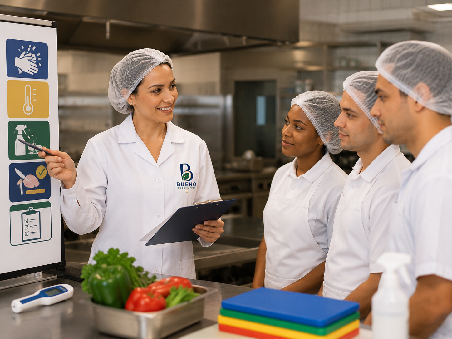 Consultora da Bueno Food Safety treinando equipe de manipuladores de alimentos em cozinha industrial