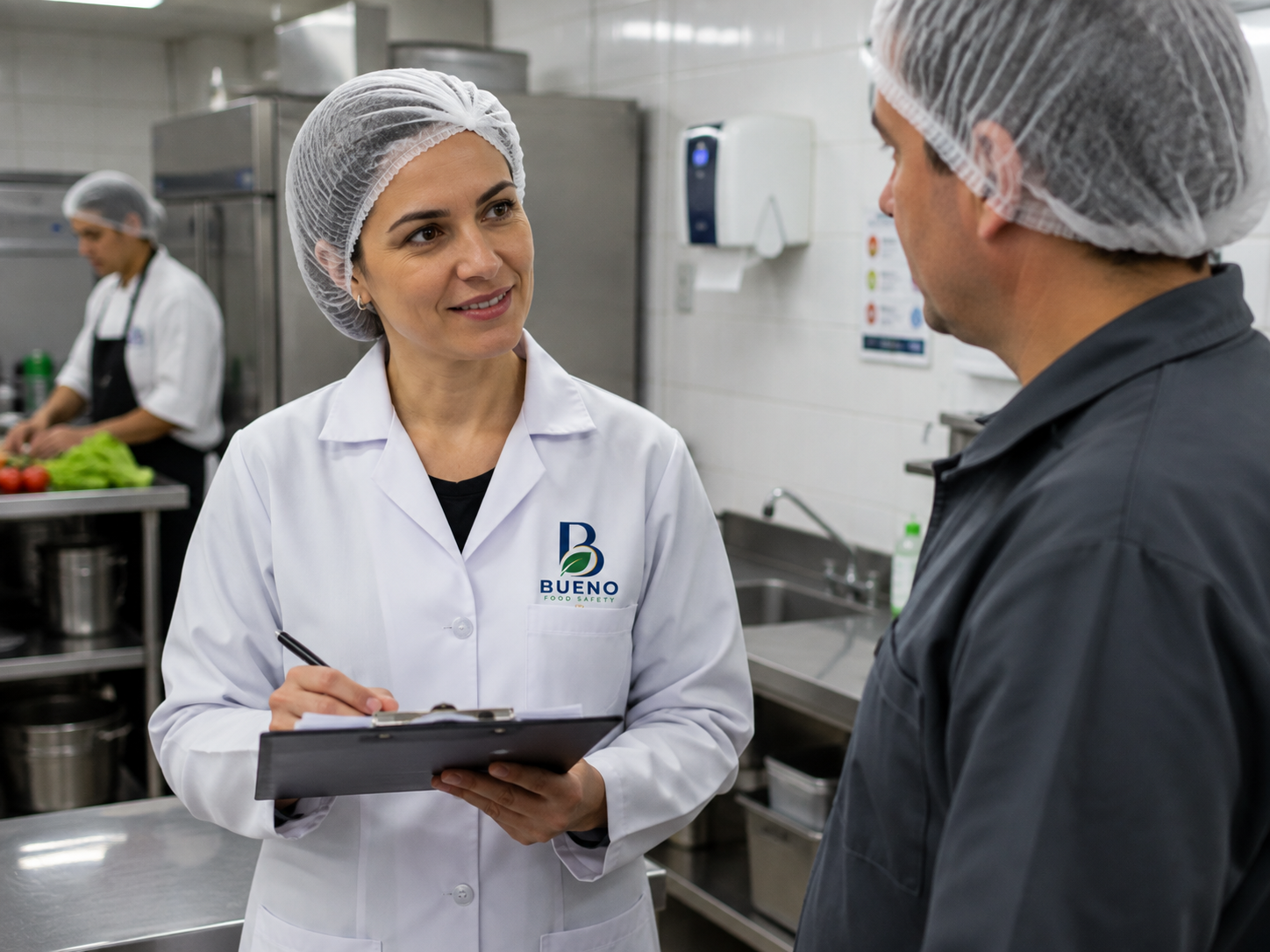 Consultora da Bueno Food Safety realizando diagnóstico higiênico-sanitário em cozinha profissional
