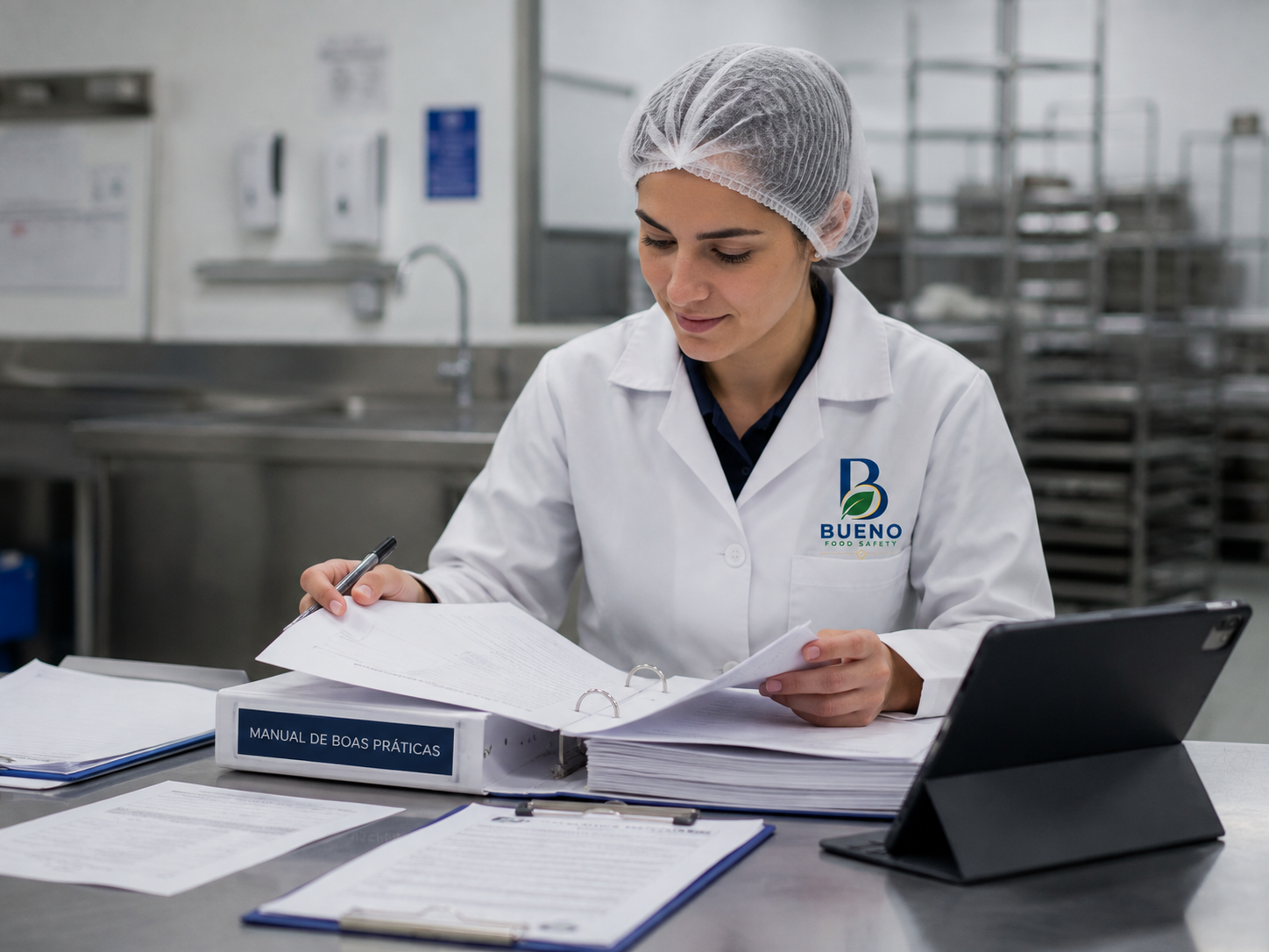 Consultora da Bueno Food Safety revisando o Manual de Boas Práticas em cozinha profissional
