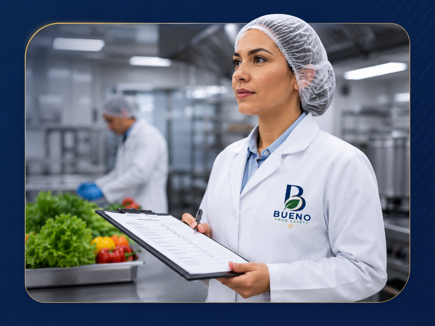 Consultora da Bueno Food Safety realizando controle de qualidade com checklist em cozinha profissional