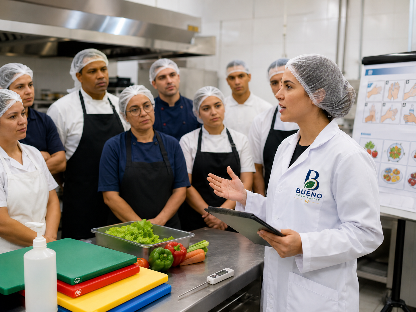 Consultora da Bueno Food Safety realizando treinamento prático com equipe de manipuladores de alimentos